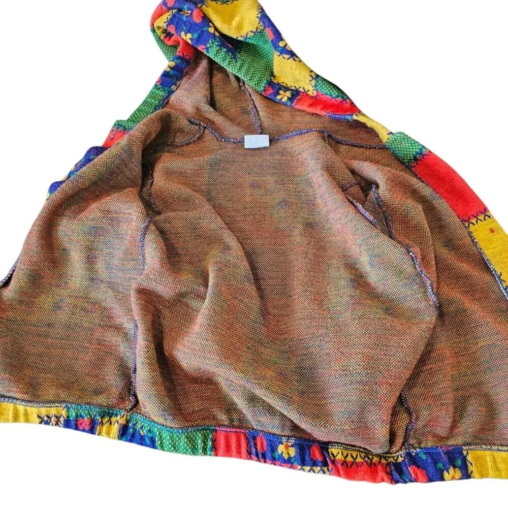 Retro 70s Girls Jacket Patchwork Floral Heart Buttons Knit Hooded Sz 3T 4T 1970s